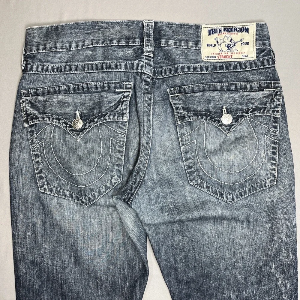 True Religion Jeans Mens 33 Straight Fit Flap Pocket Medium Acid Wash Blue Denim